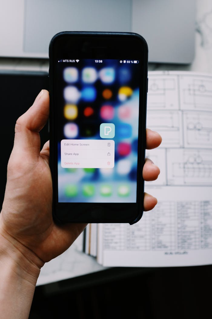 Close-up of a hand holding a smartphone displaying a blurred app screen with clear UI elements in focus.